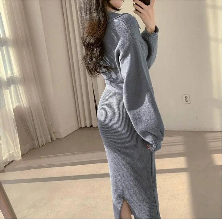 Warm Knit Long Skirt Dress – Autumn Winter Soft Touch Midi for Women - VeauBeauty