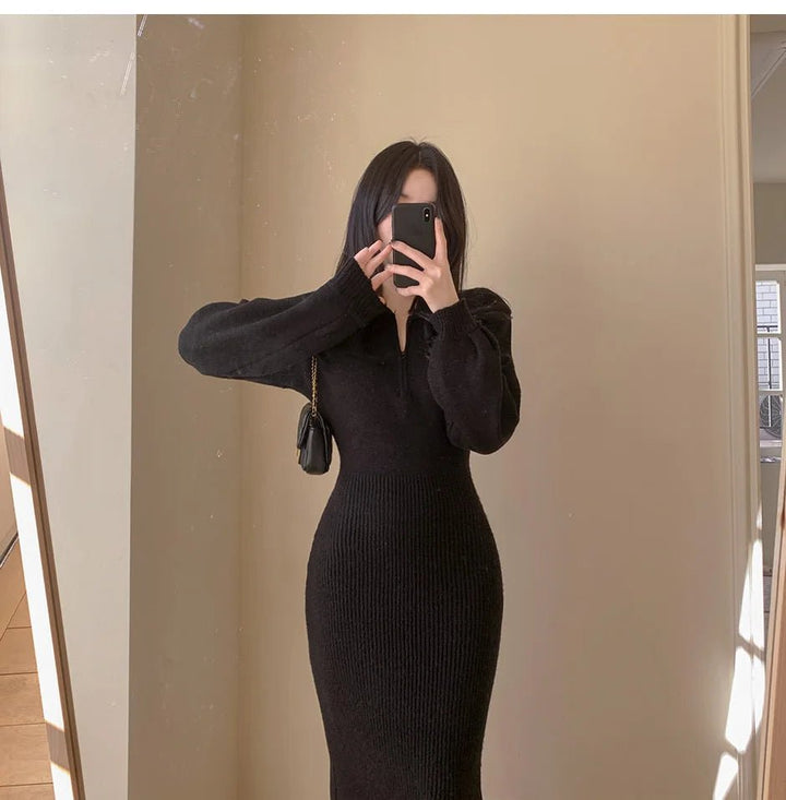 Warm Knit Long Skirt Dress – Autumn Winter Soft Touch Midi for Women - VeauBeauty