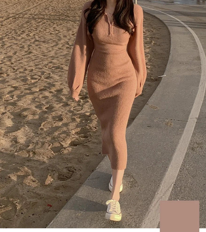 Warm Knit Long Skirt Dress – Autumn Winter Soft Touch Midi for Women - VeauBeauty