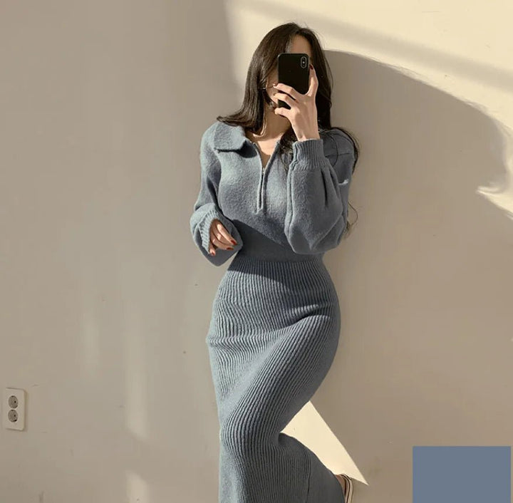 Warm Knit Long Skirt Dress – Autumn Winter Soft Touch Midi for Women - VeauBeauty