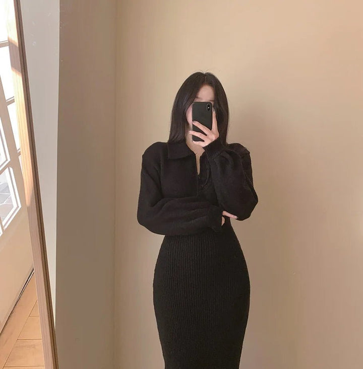 Warm Knit Long Skirt Dress – Autumn Winter Soft Touch Midi for Women - VeauBeauty