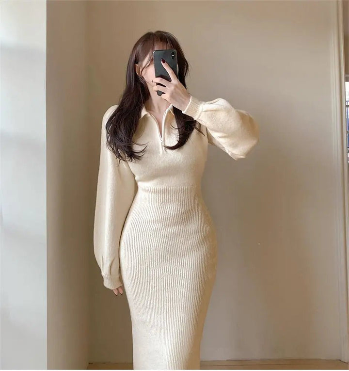 Warm Knit Long Skirt Dress – Autumn Winter Soft Touch Midi for Women - VeauBeauty