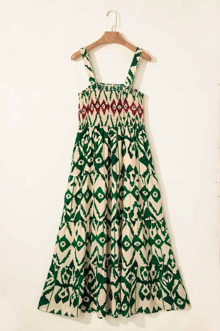 Western Aztec Shirred A - line Sleeveless Maxi Dress - VeauBeauty
