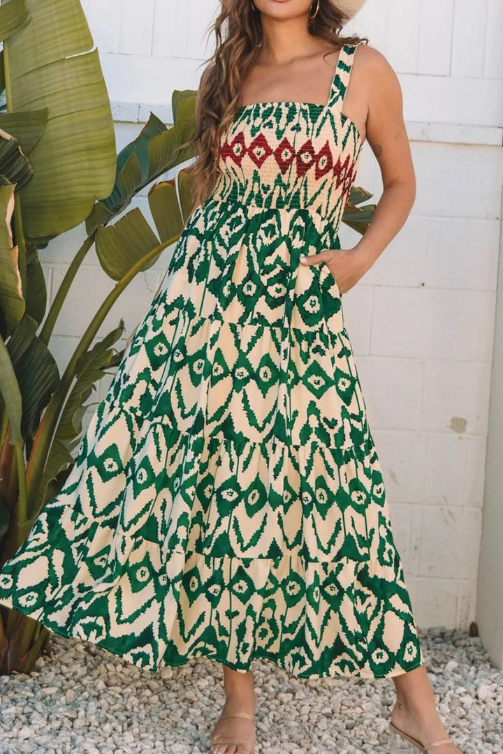 Western Aztec Shirred A - line Sleeveless Maxi Dress - VeauBeauty