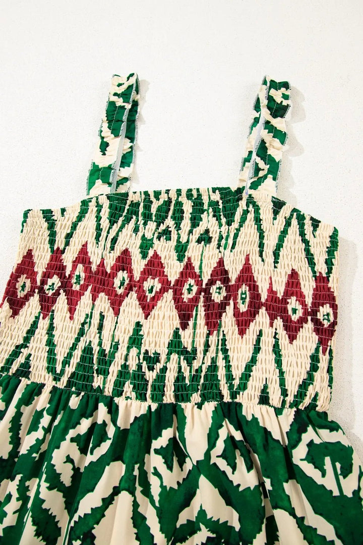 Western Aztec Shirred A - line Sleeveless Maxi Dress - VeauBeauty