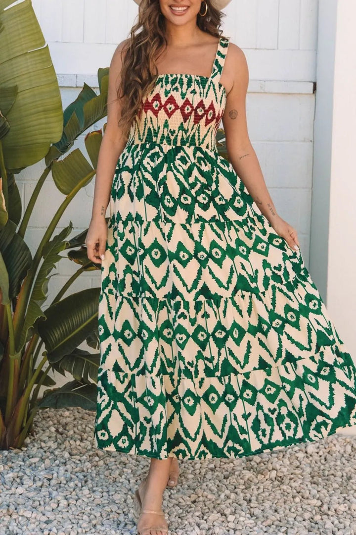 Western Aztec Shirred A - line Sleeveless Maxi Dress - VeauBeauty
