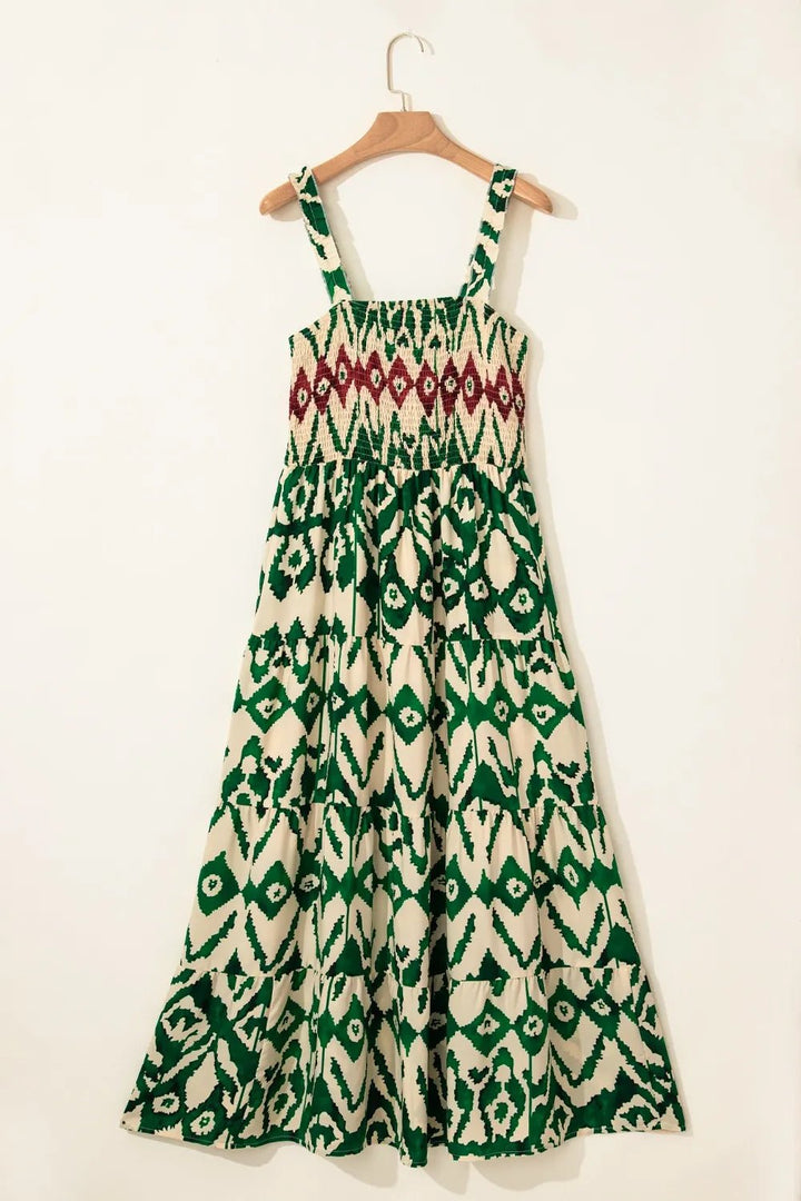 Western Aztec Shirred A - line Sleeveless Maxi Dress - VeauBeauty