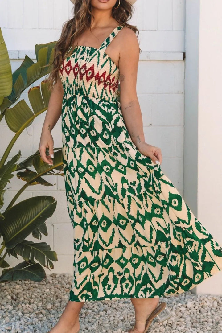 Western Aztec Shirred A - line Sleeveless Maxi Dress - VeauBeauty