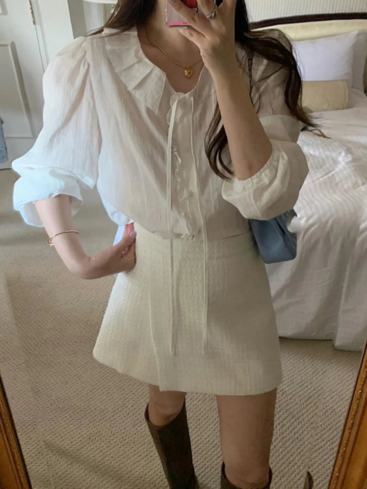 White Bubble Sleeve Shirt – Korean Loose Fit Long Sleeve Spring Blouse - VeauBeauty