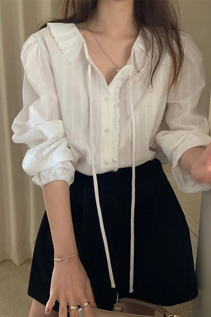 White Bubble Sleeve Shirt – Korean Loose Fit Long Sleeve Spring Blouse - VeauBeauty