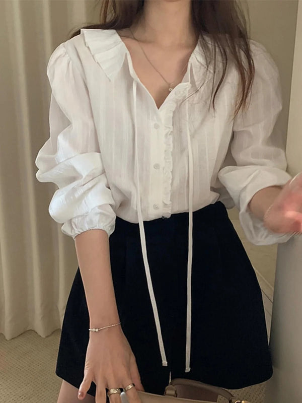 White Bubble Sleeve Shirt – Korean Loose Fit Long Sleeve Spring Blouse - VeauBeauty