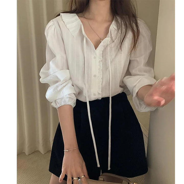 White Bubble Sleeve Shirt – Korean Loose Fit Long Sleeve Spring Blouse - VeauBeauty