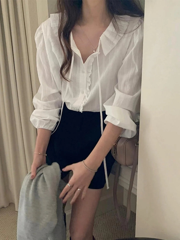 White Bubble Sleeve Shirt – Korean Loose Fit Long Sleeve Spring Blouse - VeauBeauty