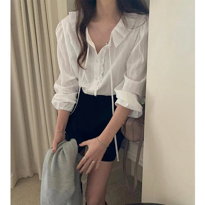 White Bubble Sleeve Shirt – Korean Loose Fit Long Sleeve Spring Blouse - VeauBeauty