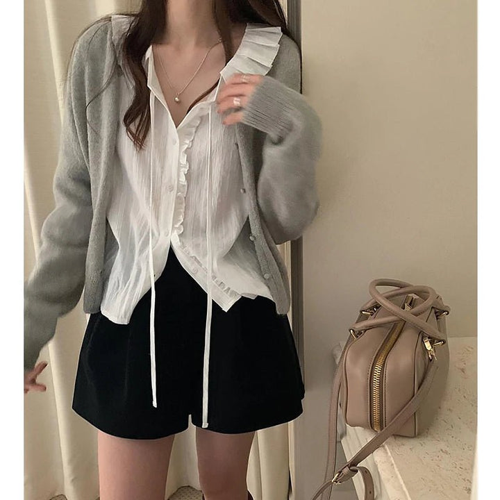 White Bubble Sleeve Shirt – Korean Loose Fit Long Sleeve Spring Blouse - VeauBeauty