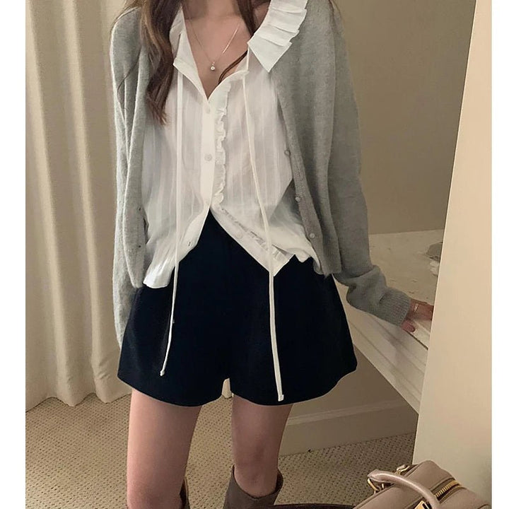 White Bubble Sleeve Shirt – Korean Loose Fit Long Sleeve Spring Blouse - VeauBeauty