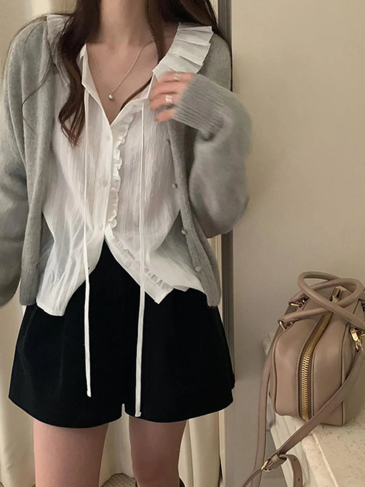 White Bubble Sleeve Shirt – Korean Loose Fit Long Sleeve Spring Blouse - VeauBeauty