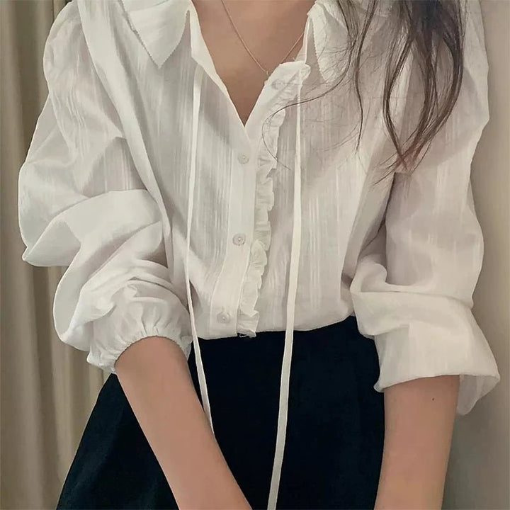 White Bubble Sleeve Shirt – Korean Loose Fit Long Sleeve Spring Blouse - VeauBeauty