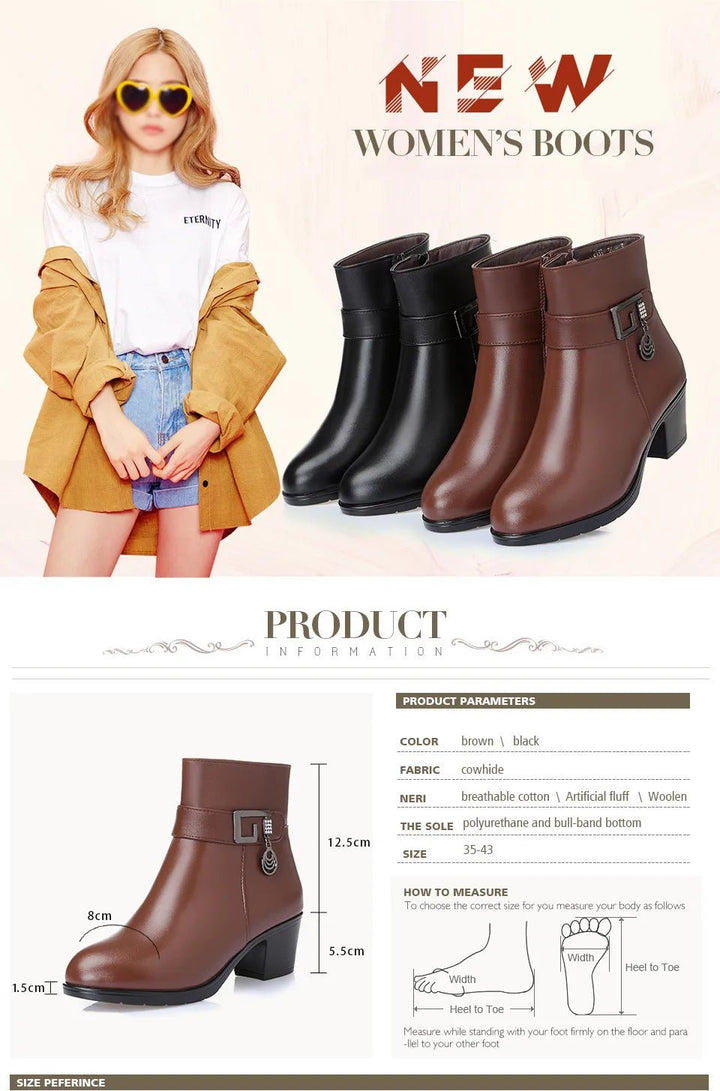 Winter Wool - Lined Genuine Leather Boots – Large Size Ankle Snow Boots - VeauBeauty