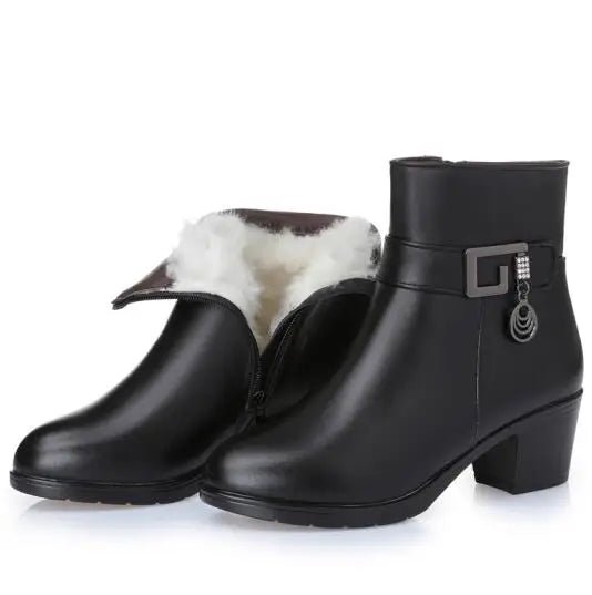 Winter Wool - Lined Genuine Leather Boots – Large Size Ankle Snow Boots - VeauBeauty