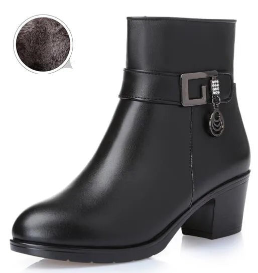 Winter Wool - Lined Genuine Leather Boots – Large Size Ankle Snow Boots - VeauBeauty