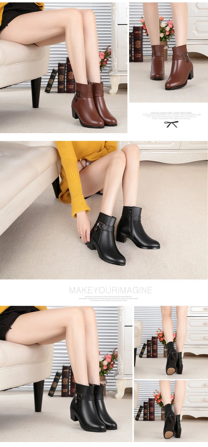 Winter Wool - Lined Genuine Leather Boots – Large Size Ankle Snow Boots - VeauBeauty