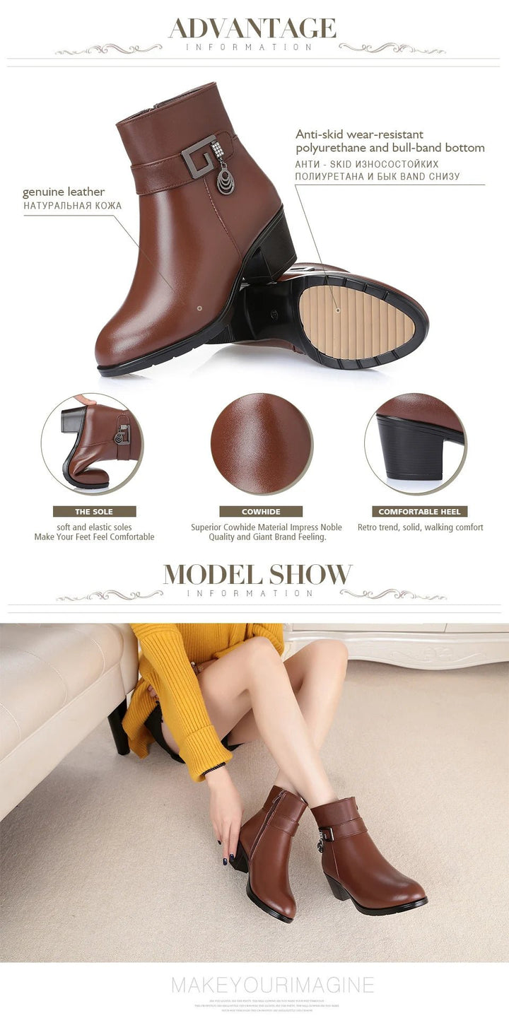 Winter Wool - Lined Genuine Leather Boots – Large Size Ankle Snow Boots - VeauBeauty