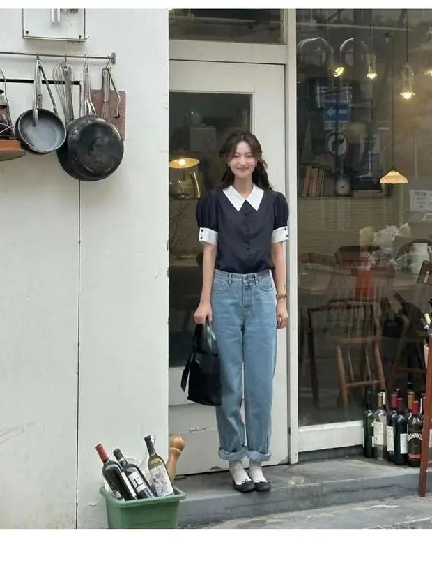 Women's Color Block Short Sleeve Shirt – Loose Fit Summer Commute Top - VeauBeauty