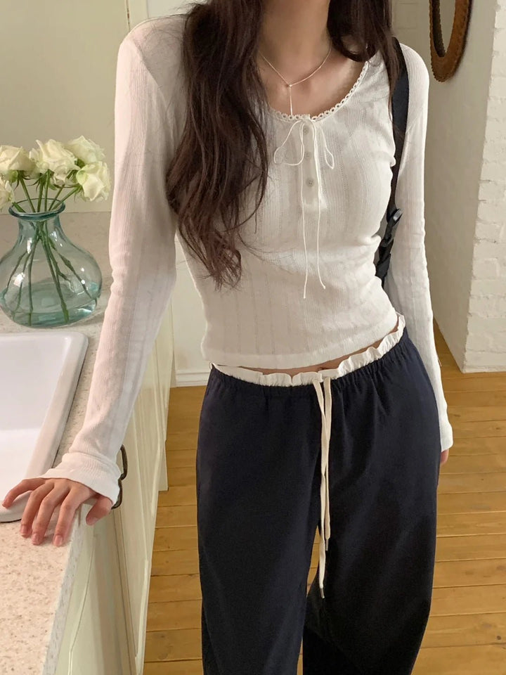 Women's Korean Style Cotton Pants – Elastic Waist with Ruffle Detail - VeauBeauty