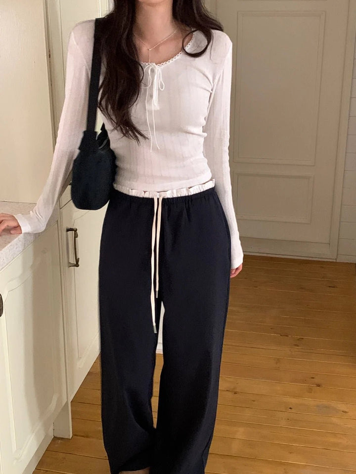 Women's Korean Style Cotton Pants – Elastic Waist with Ruffle Detail - VeauBeauty