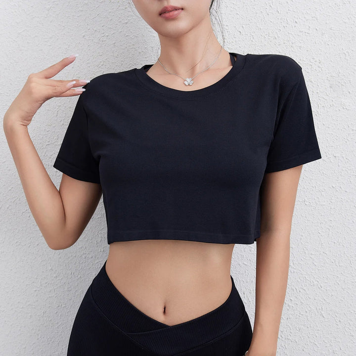 Women's Loose Fit Crop Top – Short Sleeve Black Fitness Crewneck Shirt - VeauBeauty