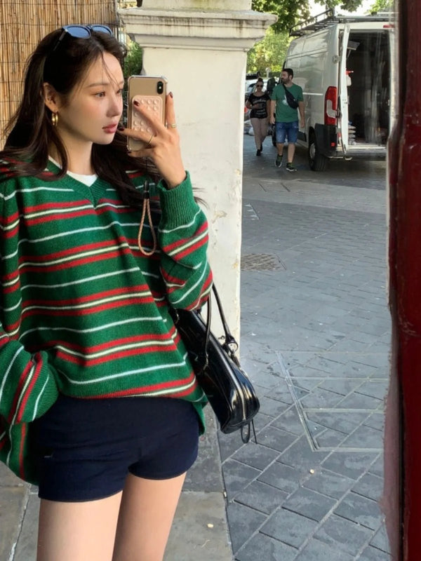 Women's Loose Fit Striped Knit Sweater – V - Neck Long Sleeve Fall Top - VeauBeauty