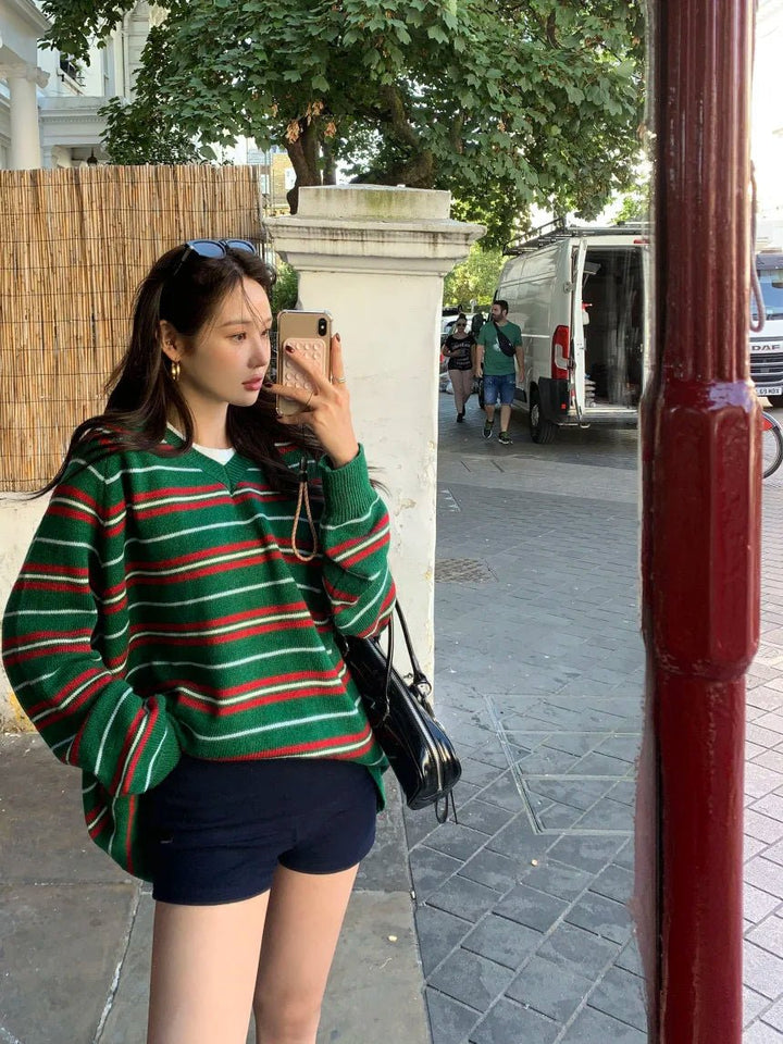 Women's Loose Fit Striped Knit Sweater – V - Neck Long Sleeve Fall Top - VeauBeauty