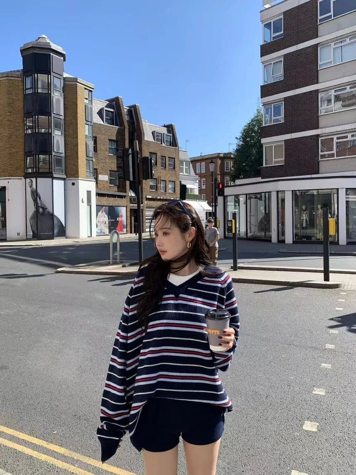 Women's Loose Fit Striped Knit Sweater – V - Neck Long Sleeve Fall Top - VeauBeauty