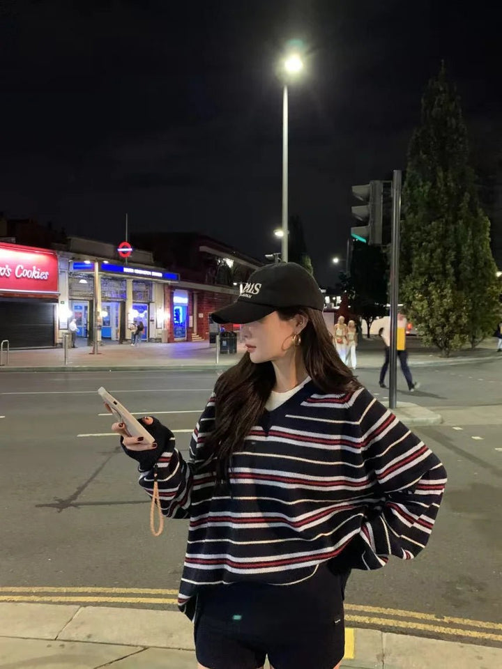 Women's Loose Fit Striped Knit Sweater – V - Neck Long Sleeve Fall Top - VeauBeauty