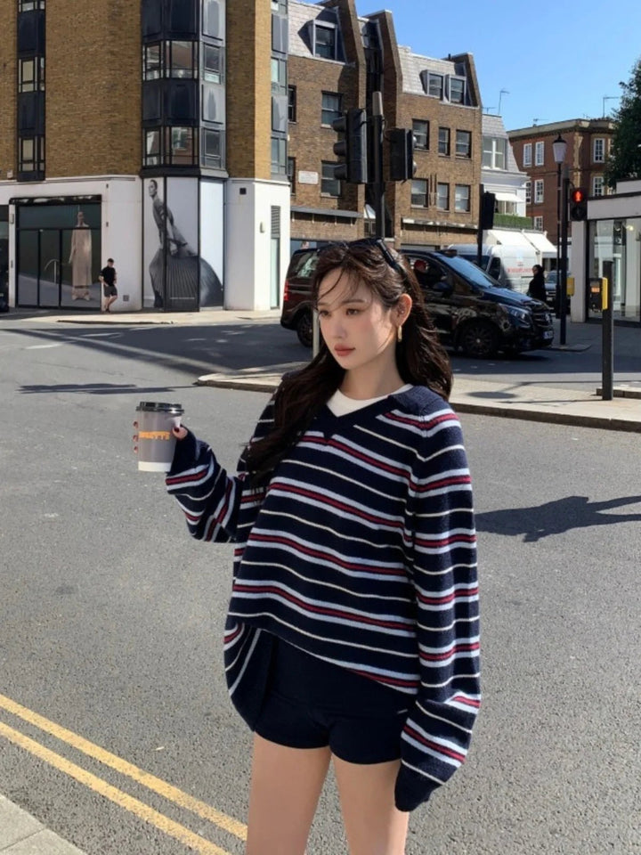Women's Loose Fit Striped Knit Sweater – V - Neck Long Sleeve Fall Top - VeauBeauty
