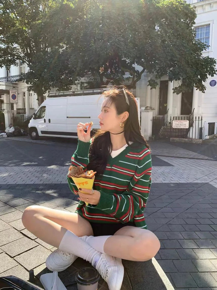 Women's Loose Fit Striped Knit Sweater – V - Neck Long Sleeve Fall Top - VeauBeauty