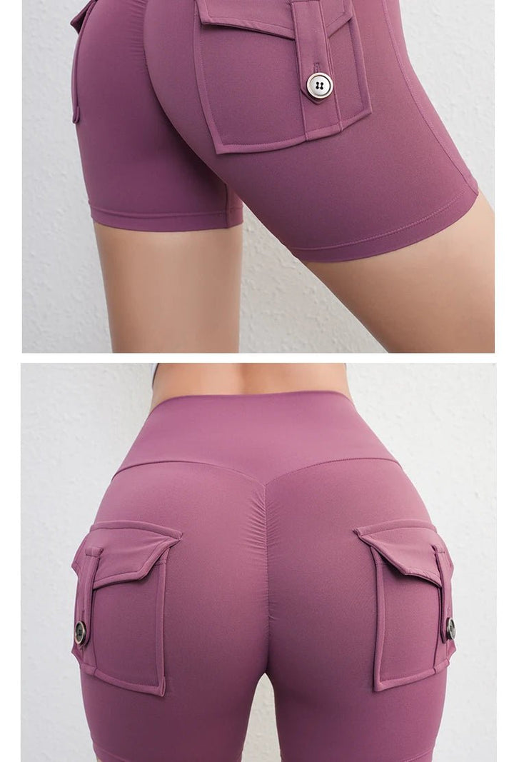 Women's Peach Butt Fitness Shorts – 3/4 Length Cargo Yoga Pants with Pockets - VeauBeauty