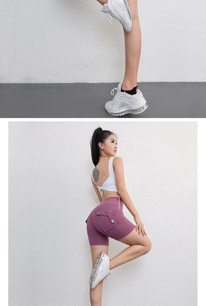 Women's Peach Butt Fitness Shorts – 3/4 Length Cargo Yoga Pants with Pockets - VeauBeauty
