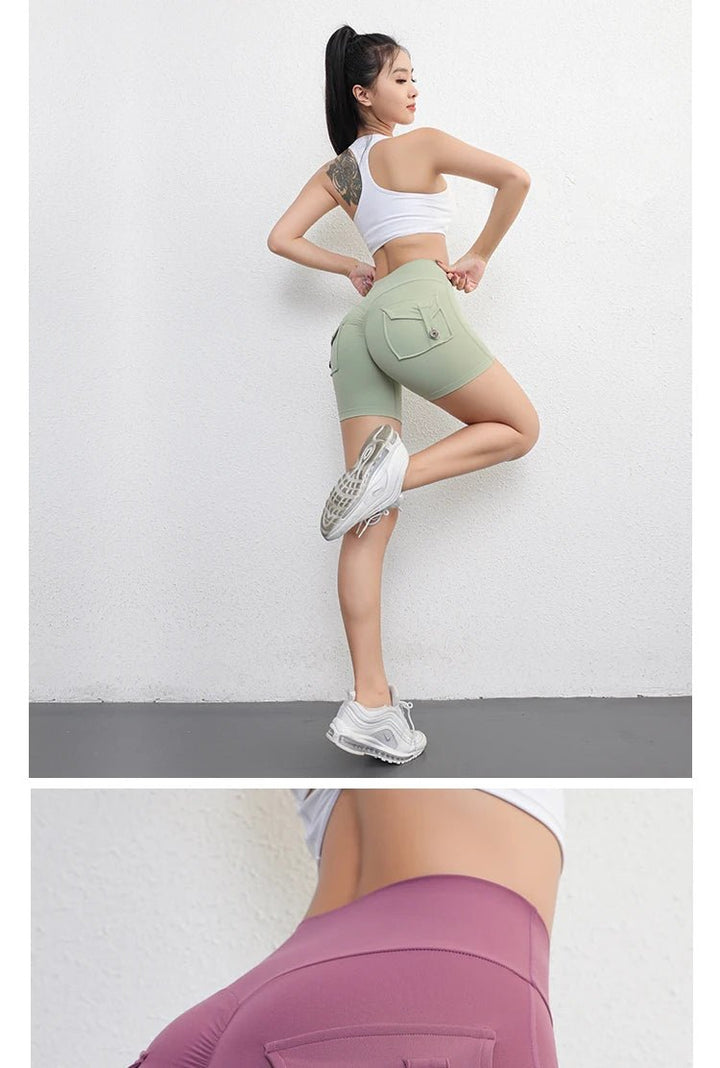 Women's Peach Butt Fitness Shorts – 3/4 Length Cargo Yoga Pants with Pockets - VeauBeauty