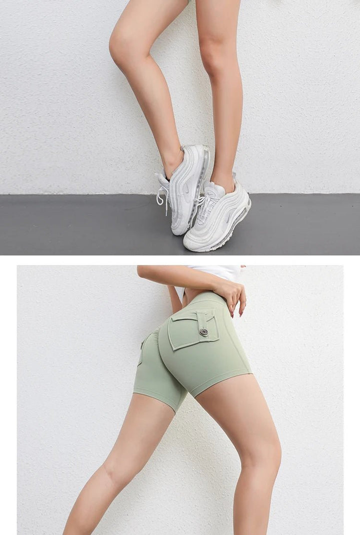 Women's Peach Butt Fitness Shorts – 3/4 Length Cargo Yoga Pants with Pockets - VeauBeauty