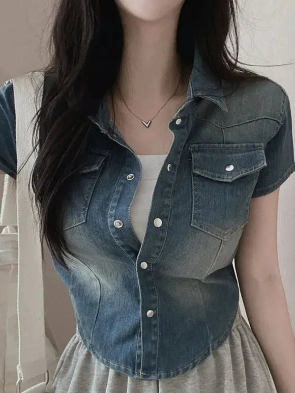 Women's Short Sleeve Denim Shirt – Casual Slim Fit & Cropped Design - VeauBeauty
