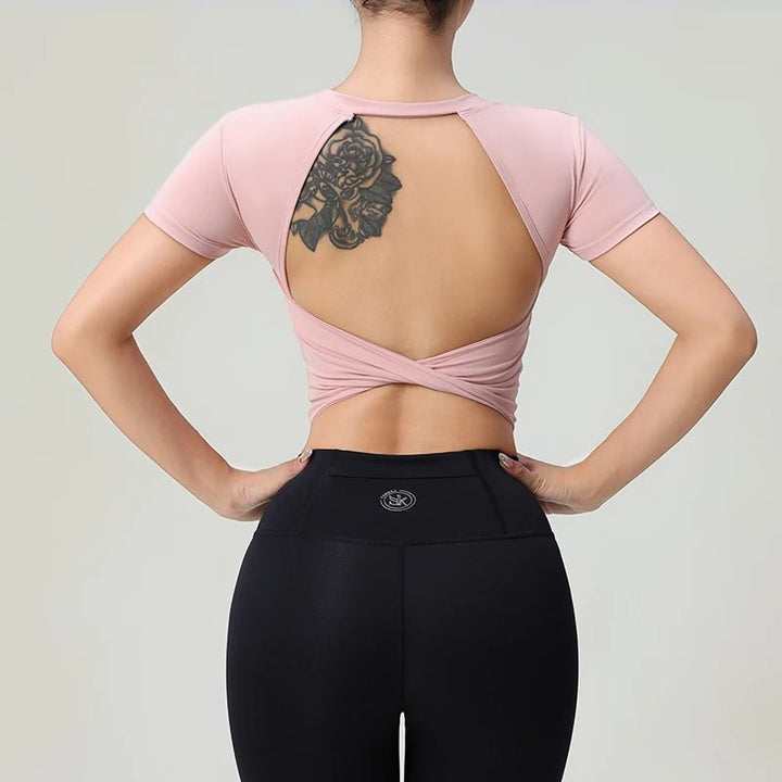 Women's Short Sleeve Yoga Top with Chest Pad – Slim Fit Backless Sports Tee - VeauBeauty