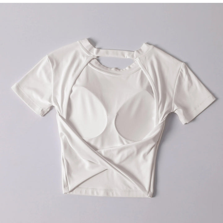 Women's Short Sleeve Yoga Top with Chest Pad – Slim Fit Backless Sports Tee - VeauBeauty