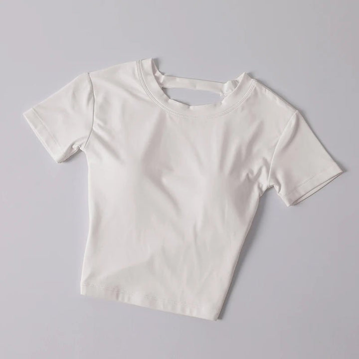 Women's Short Sleeve Yoga Top with Chest Pad – Slim Fit Backless Sports Tee - VeauBeauty