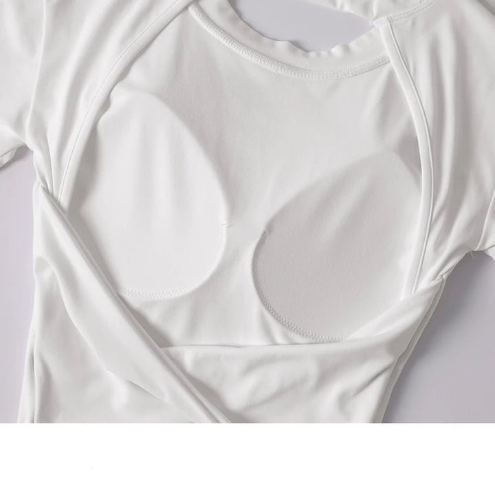 Women's Short Sleeve Yoga Top with Chest Pad – Slim Fit Backless Sports Tee - VeauBeauty