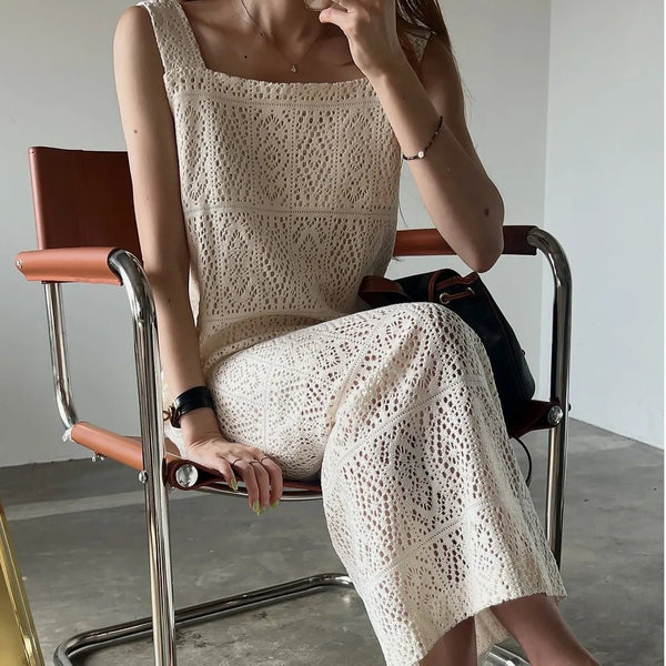 Women's Sleeveless Summer Dress – French Style H - Line with Lace Details - VeauBeauty