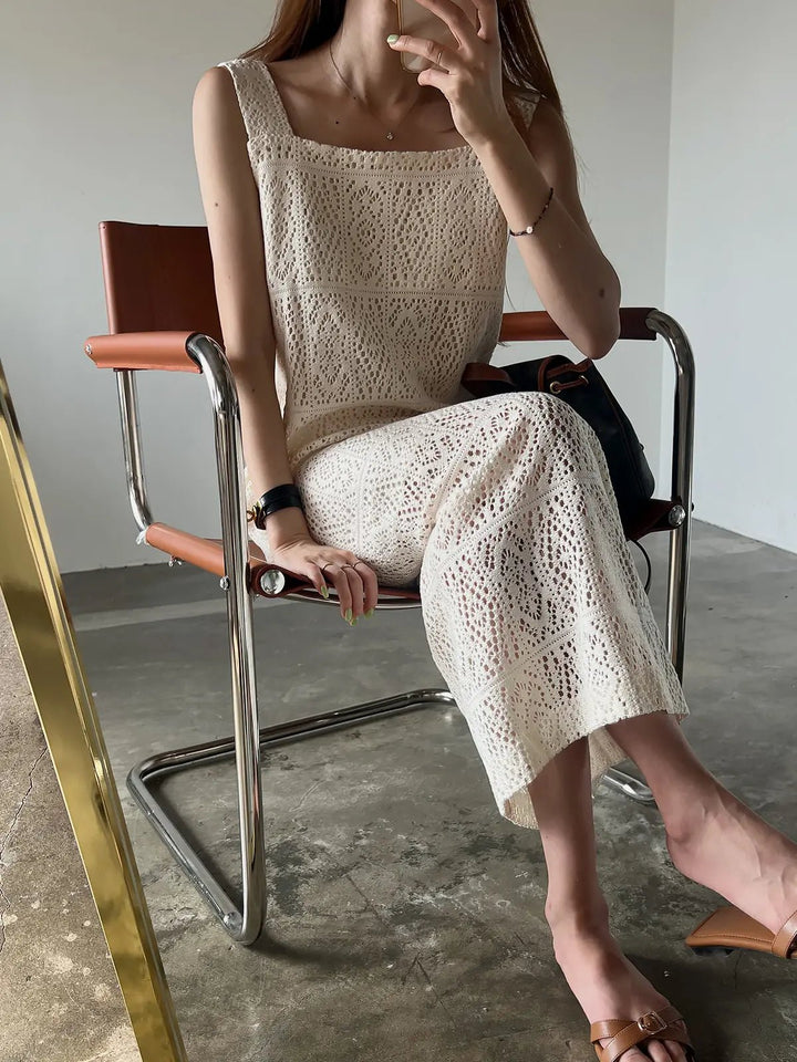 Women's Sleeveless Summer Dress – French Style H - Line with Lace Details - VeauBeauty