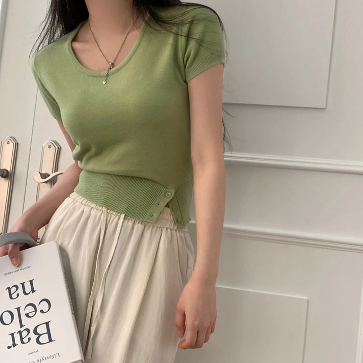 Women's Striped Knit Top – Viscose Round Neck Short Sleeve Sweater - VeauBeauty