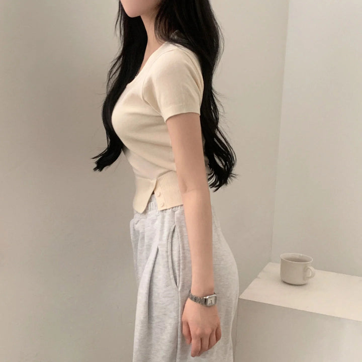 Women's Striped Knit Top – Viscose Round Neck Short Sleeve Sweater - VeauBeauty